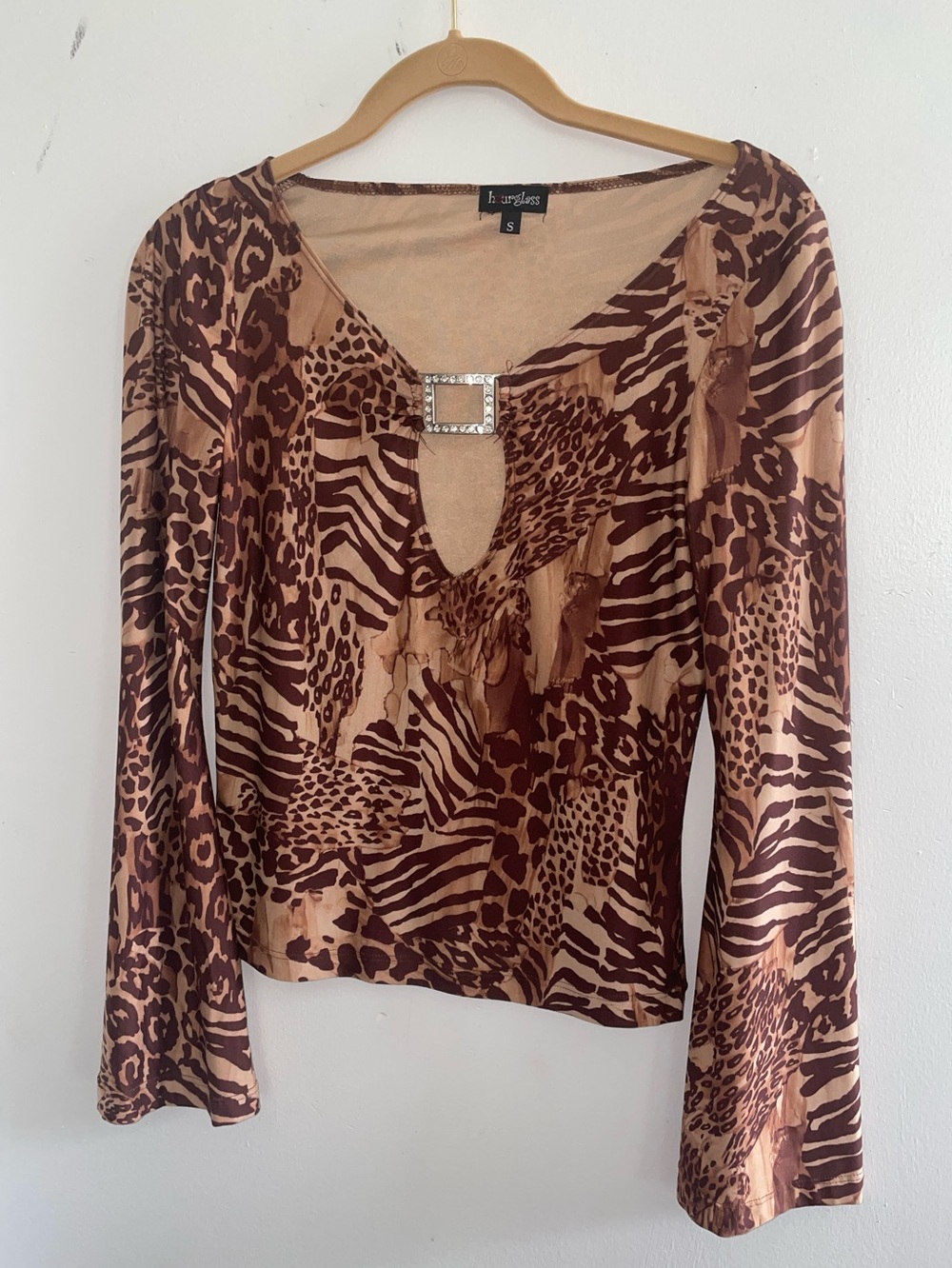 Hourglass Brown and Tan Animal Print Long Sleeve Top with Rhinestone Buckle